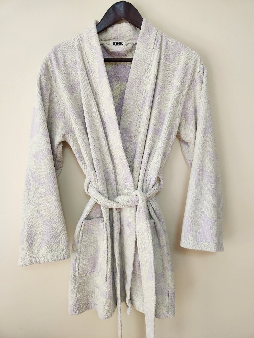 VS Pink Palm Print Terry Towel Short Robe - XS/S